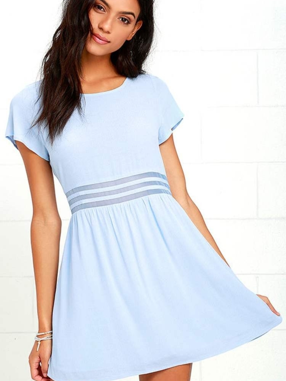 Lulu's Light Blue Short Sleeve Fit-and-Flare Dress with Sheer Waist Stripes